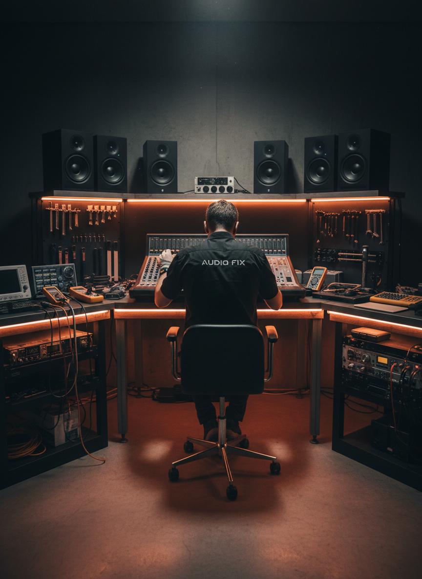 Professional audio technician at work in repair workshop
